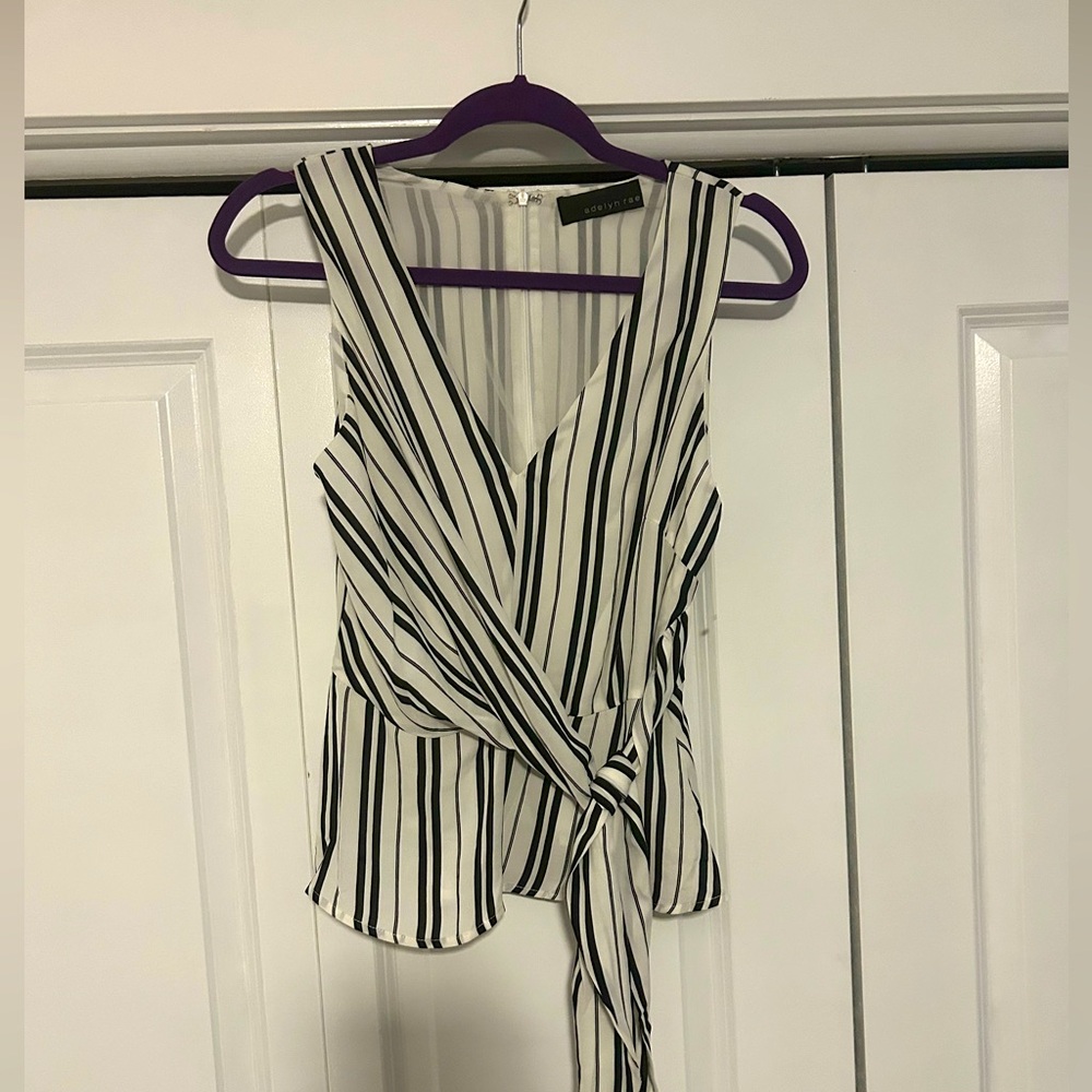 Adelyn Rae Striped Black and White Faux Wrap Top